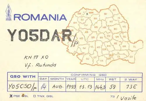 Romania radio amateur QSL card Y05DAR vf. Rotunda Vasile