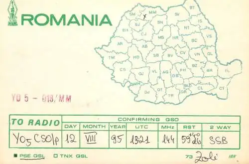 Romania radio amateur QSL card YO5018/MM Zoli