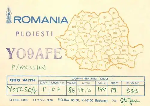 Romania radio amateur QSL card Y09AFE KN25HN Stefan