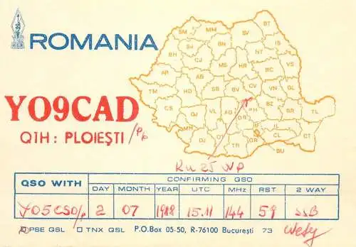 Romania radio amateur QSL card Y09CAD Ploiesti Wesy