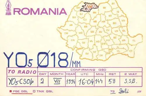 Romania radio amateur QSL card YO5018/MM Zoli