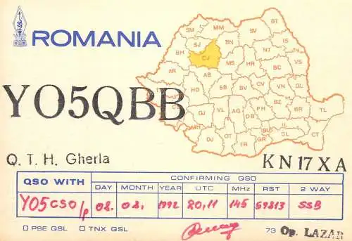 Romania radio amateur QSL card YO5QBB Gherla KN17XA op. Lazar