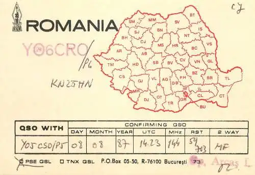Romania radio amateur QSL card YO6CRO/P6 Arcas I.