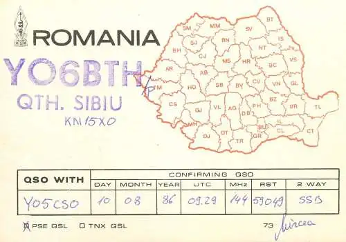 Romania radio amateur QSL card YO6BTH Sibiu Mircea