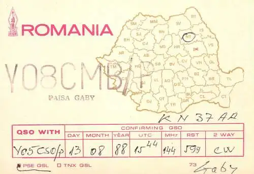 Romania radio amateur QSL card Y08CMB/P Gaby
