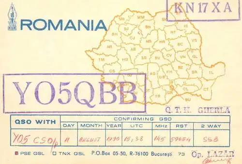 Romania radio amateur QSL card YO5QBB op. Lazar