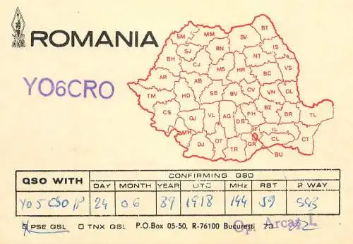 Romania radio amateur QSL card YO6CRO Arcas I.