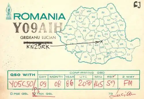 Romania radio amateur QSL card Y09AIH Grideanu Lucian KN25RK