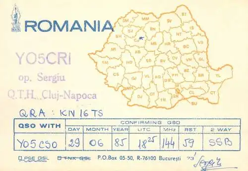 Romania radio amateur QSL card YO5CRI op. Sergiu Cluj Napoca