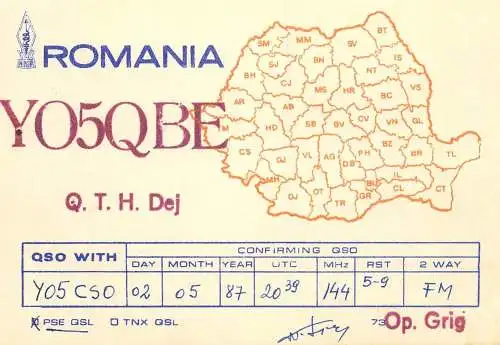Romania radio amateur QSL card YO5QBE Dej op. Grig