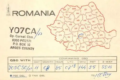 Romania radio amateur QSL card YO7CA op. Cornel Constantin Pitesti