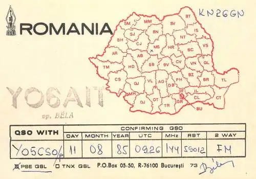 Romania radio amateur QSL card YO6AIT op. Bela