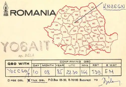 Romania radio amateur QSL card YO6AIT op. Bela