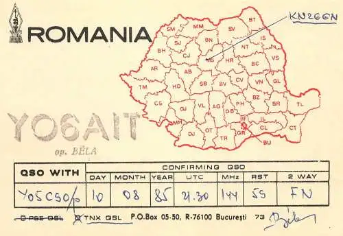 Romania radio amateur QSL card YO6AIT op. Bela