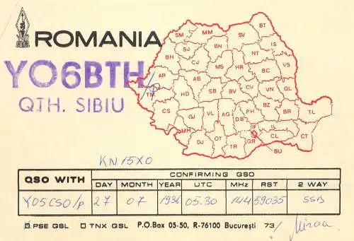 Romania radio amateur QSL card YO6BTH Sibiu KN15XO Mircea