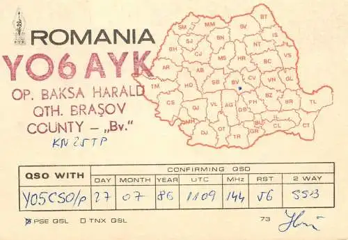 Romania radio amateur QSL card YO6AYK op. Baksa Harald Brasov KN25TP