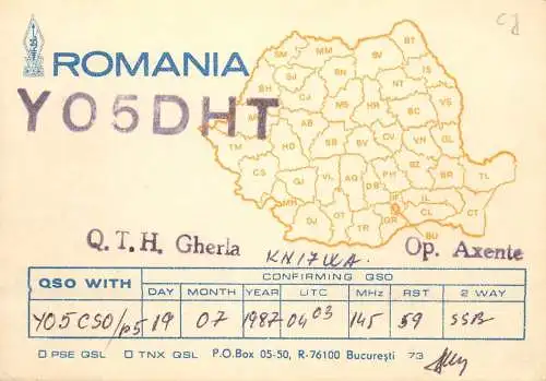 Romania radio amateur QSL card Y05DHT Gherla op. Axente