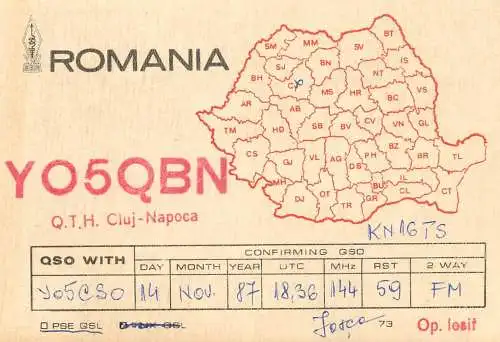 Romania radio amateur QSL card YO5QBN Cluj Napoca KN16TS op. Iosif