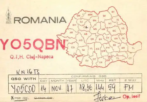 Romania radio amateur QSL card YO5QBN Cluj Napoca KN16TS op. Iosif