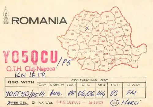 Romania radio amateur QSL card Y05QCU Cluj Napoca KN16TR