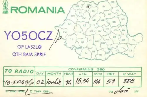 Romania radio amateur QSL card YO5OCZ op. Laszlo Baia Sprie