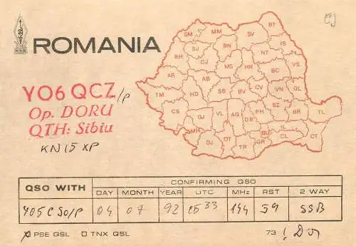 Romania radio amateur QSL card YO6QCZ op. Doru Sibiu