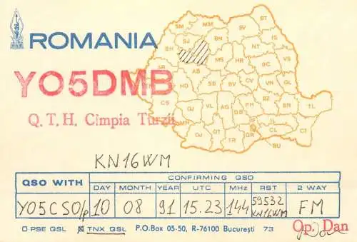 Romania radio amateur QSL card YO5DMB Campia Turzii KN16WM op. Dan