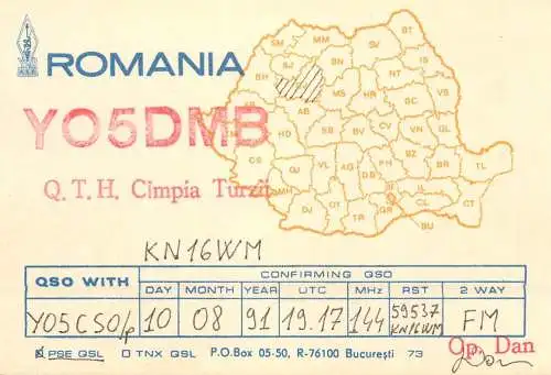 Romania radio amateur QSL card YO5DMB Campia Turzii KN16WM