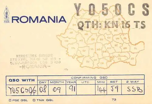Romania radio amateur QSL card Y05OCS KN16TS Cluj Napoca Keresztes Dionisie
