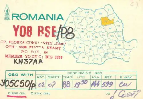 Romania radio amateur QSL card YO8RSE/P8 op. Florea Constantin KN37AA