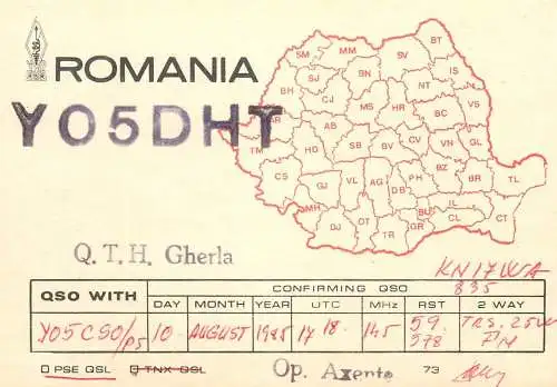 Romania radio amateur QSL card YO5DHT Gherla KN17WA