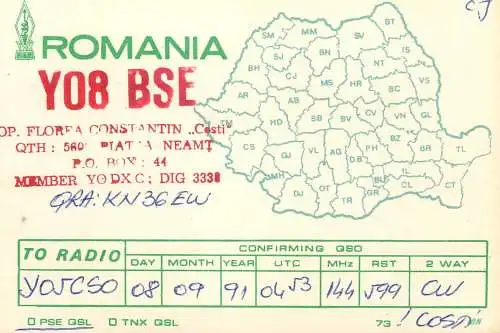 Romania radio amateur QSL card YO8BSE op. Florea Constantin Piatra Neamt