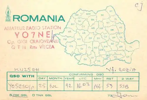 Romania radio amateur QSL card YO7NE op. Gigi Craioveanu RM. Valcea
