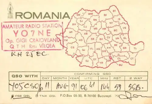 Romania radio amateur QSL card YO7NE op. Gigi Craioveanu RM. Valcea
