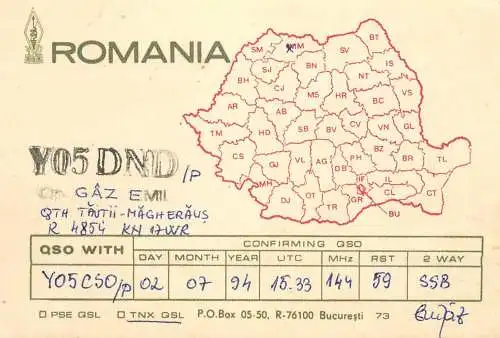 Romania radio amateur QSL card Y05DND op. Gaz Emil Tautii Magherus