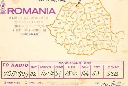 Romania radio amateur QSL card YO50DU Bai Sprie Kiss Szakacs