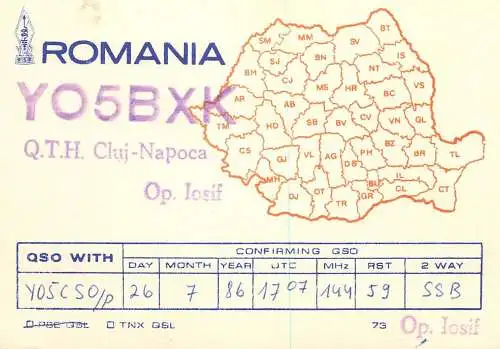 Romania radio amateur QSL card YO5BXK Cluj Napoca Op. Iosif