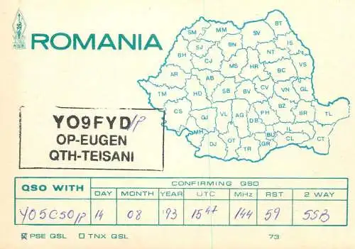 Romania radio amateur QSL card YO9FYD op. Eugen QTH-Teisani
