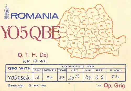 Romania radio amateur QSL card YO5QBE Dej KN17WC