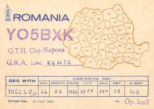 Romania radio amateur QSL card YO5BXK Cluj Napoca KN16TR