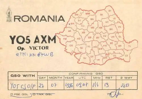 Romania radio amateur QSL card YO5AXM op. Victor KN07WB