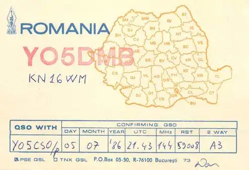 Romania radio amateur QSL card YO5DMB NK16WM