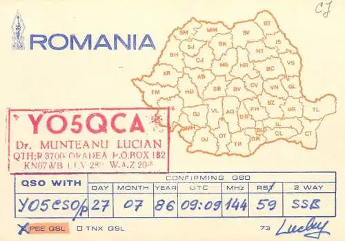 Romania radio amateur QSL card YO5QCA Dr. Munteanu Lucian Oradea