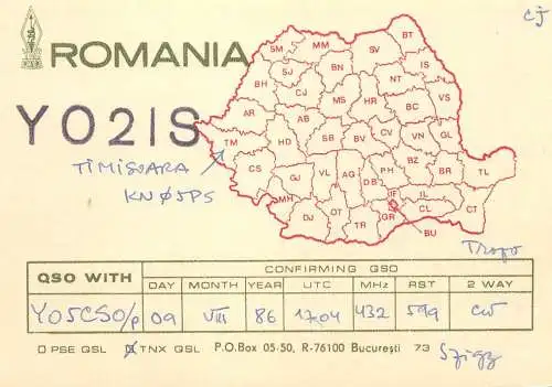 Romania radio amateur QSL card Timisoara YO2IS KN05PS