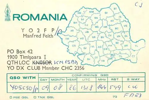 Romania radio amateur QSL card Manfred Feith Y02FP Timisoara KN15BD