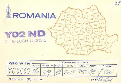 Romania radio amateur QSL card Balogh Ludovic Y02ND Y05CSO