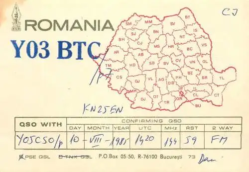 Romania radio amateur QSL card KN25EN Y03BTC