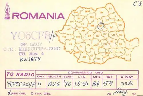 Romania radio amateur QSL card Miercurea Ciuc Y06CFB KN26TK
