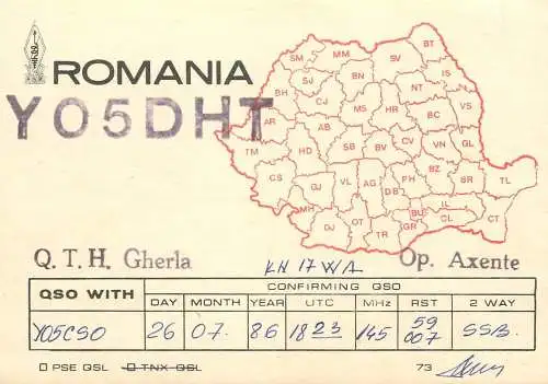 Romania radio amateur QSL card Gherla Y05DHT KN17WA op. Axente