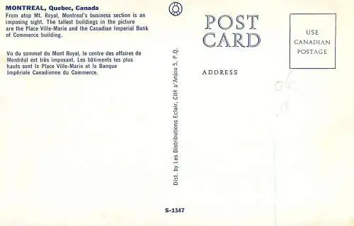 Postcard Canada Montreal atop Mt. Royal to the business center